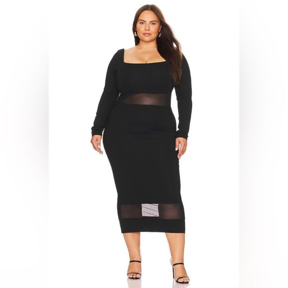 REMI x REVOLVE Jamie Midi Dress in Black Stretch & Mesh Bodycon Long Sleeve - Picture 1 of 5